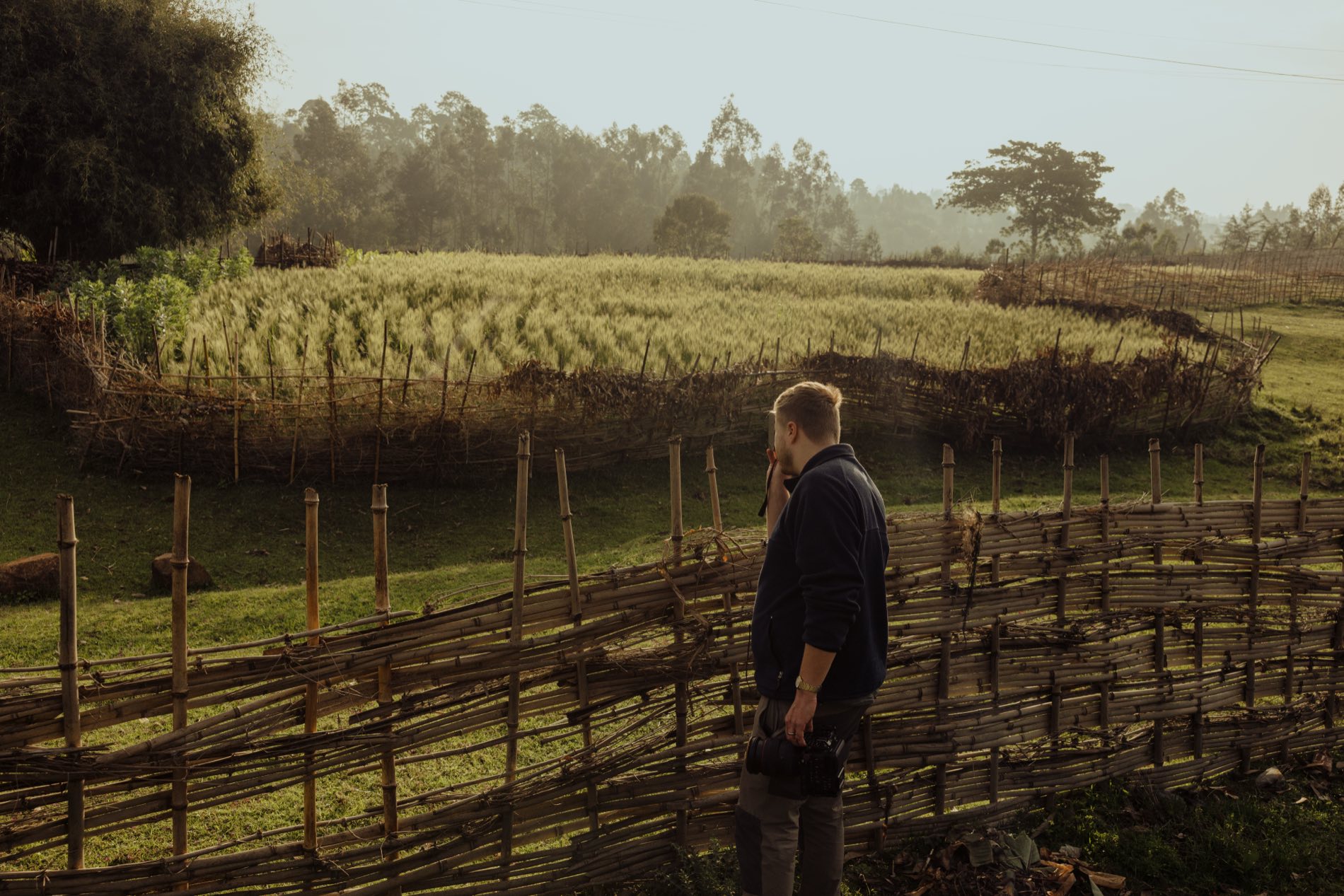 Matt Benn standing at a woven fence at first light, camera in hand, looking over a misty crop field in Ethiopia